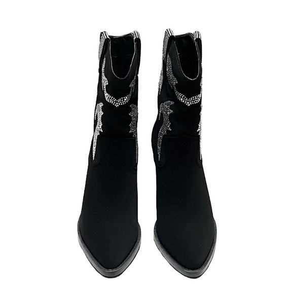New Womens Black Rhinestone Blingy Western Cowboy Ankle Boots Booties - Picture 7 of 7
